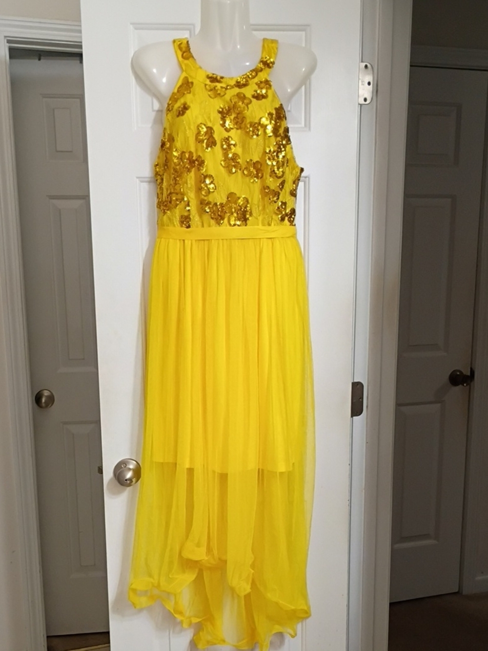 Girls Yellow Sequin Halter-Style High-Low Formal Dress